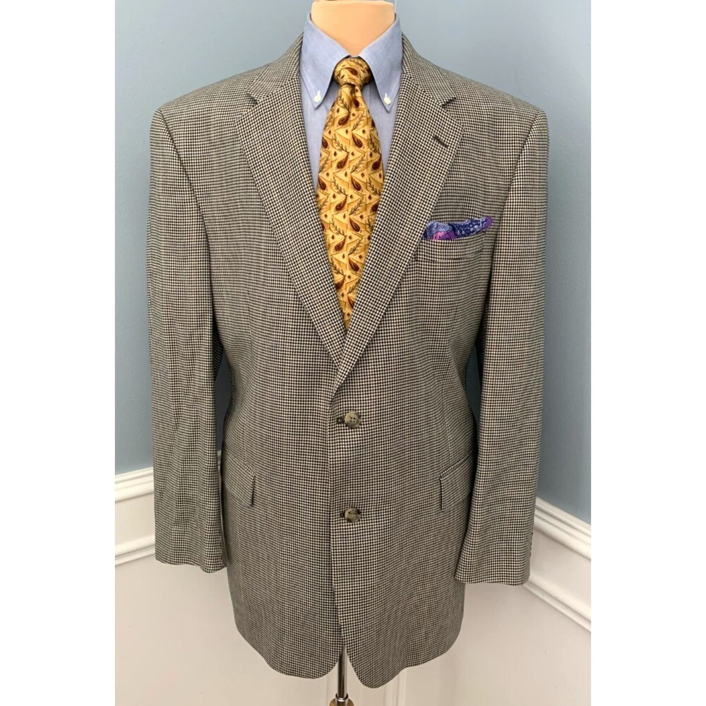 Jos A Bank Blazer Mens 46L Silk Wool Houndstooth Plaid Tweed Jacket Sportcoat